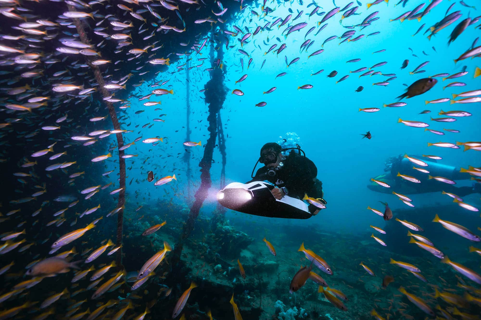 水肺潜水员与鱼一起使用 iAQUA 海上摩托车探索海洋。